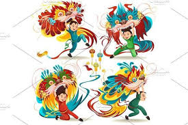 Chinese Lunar New Year Lion Dance Fight Isolated On White Background Happy Dancer In China Traditional Costume Holding Colorful Dragon Mask On Parade Or Carniv Chinese Lion Dance Lion Dance Cartoon