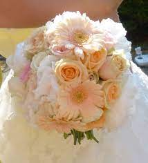 Auswahl von rosen, gerbera und nelken. Brautstrauss In Apricot Peach Mit Weiss Hortensien Gerbera Und Rosen Brautstrauss Hochzeitsdekoration Brautstrausse