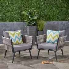 Noble House Milan Gray And White Armed Wicker Outdoor Lounge Chair With Gray Cushion 2 Pack 42636 Lounge Chair Outdoor Noble House Grey Cushions