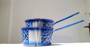 Set Of 2 Antique French Enamelware Pans Cooking Pots Art Deco Blue White Geometrical Pattern French Country French Antiques Deco Blue Enamelware