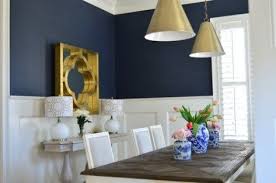 A Navy Wall Above Chair Rail Wainscoting Is Gorgeous This Paint Color Is Lovely And It Looks Great With Dining Room Blue Dining Room Colors White Wainscoting