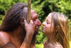 Delineato cavernicolo gesticolando la pace e tenendo un club dietro la schiena. Il Museo Dell Uomo Di Neandertal