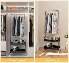 The hanging bar is arranged in a graduated spiral, so garments are displayed at varying heights. Buy Kingrack 2 In 1 Garment Rack Clothing Rack With 2 Tier Metal Basket Rolling Storage Cart Clothes Organizer Coat Rack Storage Stand On Wheels For Home Bedroom Laundry Small Place Entryway Black