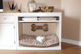 I took the doors off, painted, and added a cushion for comfort. Dog Bed Built Into My Desk Dog Bed Designer Dog Beds Dog Bed Furniture