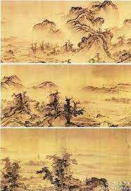 明颜宗 湖山平远图 长卷 绢本 纵30 5cm 横512cm 广东省博物馆藏 此图写平远景色 表现江南农家耕耘 渔樵 行旅 的生活情趣 图中远山近峰绵延起伏 杂树成林繁郁葱茂 烟气云雾弥漫于山间 村庄寺院隐现 农夫行旅 劳作匆忙 整卷笔墨苍劲浑厚 独具风格