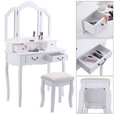 ¡bienvenido a tu nuevo walmart! Tri Folding Mirror White Wood Vanity Set Makeup Table Dresser 4 Drawers Stool White White Wood Vanity Wood Vanity Vanity