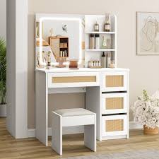 Rattan Makeup Vanity Desk With Charging