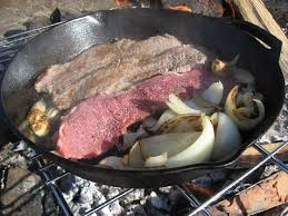 Boil Steak In The Cast Iron Frying Pan Over Campfire Boil Campfire Camping Boil Campfire Camping Cast How To Cook Steak Cast Iron Cooking Cooking