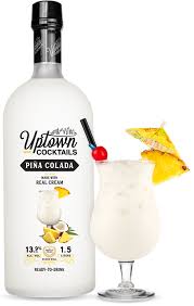 An easy recipe for a refreshing and tasty pina colada cocktail with malibu rum, coconut cream and pineapple juice, garnished with fresh pineapple. Pina Colada Uptown Cocktails