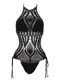 Black Halter High Neck Side Tie Crochet Swimsuit In 2021 Crochet Swimsuits Halter Top Swimsuits Halter One Piece Swimsuit