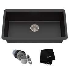 Matte black kitchen faucet with pull down sprayer for kitchen sinks with cover. 31 Undermount Granite Composite Single Bowl Kitchen Sink In Black Onyx