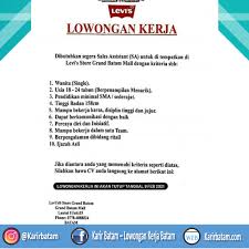 Lowongan kerja admin sales dibuka sampai tanggal 30 april 2021. Lowongan Kerja Levi S Store Grand Batam Mall Lowongan Kerja Batam 2021