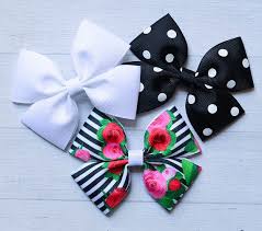 Black And White Striped Ribbon Bow Floral Print Black And White Stripe Hair Bow Set 4 Etsy Handmade Hair Bows Hair Bow Sets Dog Hair Bows