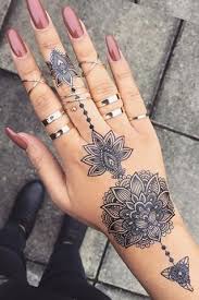 Black And White Henna Tattoo Designs Tribal Lotus Mandala Hand Tattoo Ideas For Teens At Mybodiart Com Black Henna Floral Flower Tat In 2020 Hand Tattoos For Women Aztec Tattoo Hand Tattoos