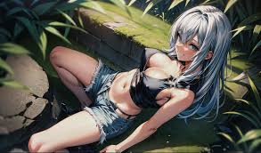 Anime girl laying on the ground in a black top and blue shorts - SeaArt AI