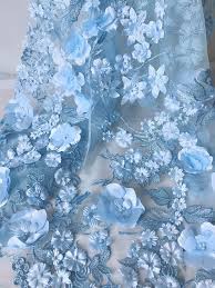 Blue Flower Fabric 3d Flower Blossom Beaded Lace Fabric On Blue Tulle Fabric By The Yard Blue Aesthetic Pastel Light Blue Aesthetic Baby Blue Aesthetic