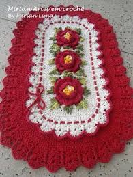Jogo De Cozinha De Croche Na Cor Vermelho E Preto Jogo Com Tres Pecas Sendo Uma Passadeirade 1 40 Metro E Dois Ta Crochet Decoration Crochet Rug Floral Stencil