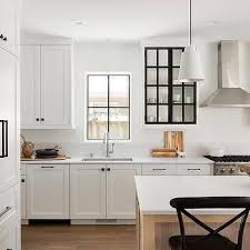 Black And White Glass Front Kitchen Cabinets Transitional Kitchen In 2020 Glass Kitchen Cabinets Glass Fronted Kitchen Cabinets Framed Kitchen Cabinets