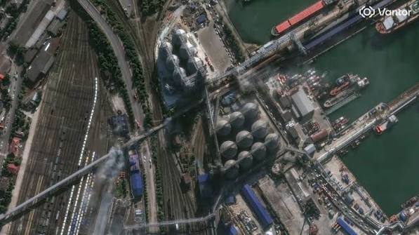 Satellite imagery shows the aftermath of recent military strikes on key maritime infrastructure in the Black Sea region.