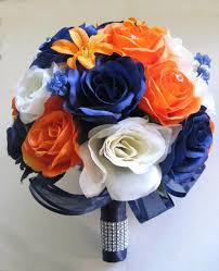 Blue and cream wedding bouquets. Wedding Supplies 17 Piece Wedding Bouquet Silk Flower Bridal Navy Blue Cream Orange Lily Package Home Garden