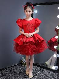 Red Flower Girl Dresses Short Tutu Dress Puff Sleeve Lace Beaded Ruffles Mini Party Dresses For Kids Kids Party Dresses Red Flower Girl Dresses Kids Dress