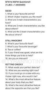 Tyrannosaurus Tiny on X: 😇 𝐒𝐅𝐖 𝐓𝐎 𝐍𝐒𝐅𝐖 𝐐 & 𝐀 😈 1 like = 1  answer for each question which gradually get riskier, except for the XXX  questions which unlock &