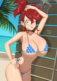 barleyshake, frankie foster, imaginary frankie, fosters home for  imaginary friends, commentary, english commentary, highres, abs, bikini,  black choker, blush, breasts, choker, cleavage, ear piercing, earrings,  hair ornament, hairclip, hoop ...