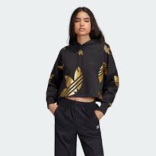Black And Gold Adidas Jacket Womens Large Logo Cropped Hoodie Black Gold Metallic Fs7224 Adidas Cropped Hoodie Cropped Hoodie Women Hoodies Sweatshirts