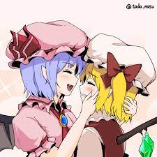 tada no nasu, flandre scarlet, remilia scarlet, touhou, animated, animated  gif, commentary request, 2girls, :d, ^ ^, artist name, bat wings, blonde  hair, blue hair, bow, brooch, closed eyes, crystal, dress, facing
