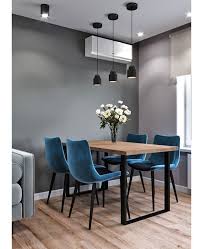 Modern Dining Area With Blue Velvet Chairs Love The Minimalistic Light Fixtures Homedecor Kitc Home Decor Kitchen Dining Room Small Dining Room Inspiration