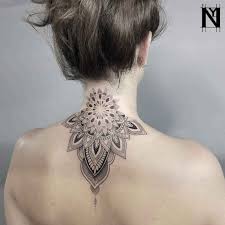Back Neck Mandala Dotwork Tattoo Dotwork Mandala Neck Tattoo Fiora Pinthouse Back Of Neck Tattoo Neck Tattoos Women Flower Neck Tattoo