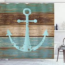 There are many ways to decorate bathroom in beach theme with sailboat, ship wheel, boat anchors, starfish. Amazon Com Ambesonne Anchor Shower Curtain Timeworn Marine On Weathered Wooden Planks Rustic Nautical Theme Cloth Fabric Bathroom Decor Set With Hooks 70 Long Teal Brown Home Kitchen