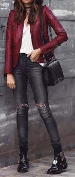 40 Exceptional And Cute Winter Outfit Ideas Red Leather Jacket Outfit Leather Jacket Outfits Burgundy Leather Jacket Outfit