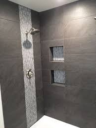 Shower With Large Field Tile Mosaic Tile Used For Waterfall Detail And In Shampoo Niches Moen Bathroom Remodel Shower Bathroom Interior Design Shower Tile