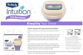The schick intuition razor is designed to reduce lathering, shaving, and moisturizing all down to one simple step. Schick Intuition Pure Nourishment Womens Razor Refills With Coconut Milk And Almond Oil 12 Count Honeytwo
