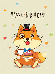 Happy Birthday Card Funny Fox With In A Bowler Hat And Cake In His Hands Vector