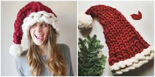 This will look so cute on him! This Chunky Knit Santa Hat Will Be The Coziest Thing You Wear All Winter Santa Hat Pattern Diy Christmas Hats Crochet Santa Hat Pattern