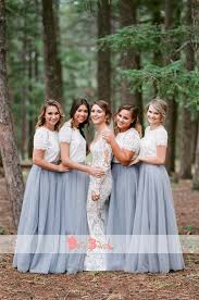 Off White Lace Top Grey Tulle Popular Two Piece Bridesmaid Dresses With Short Sleeves Db112 Bridesmaid Skirts Lace Bridesmaid Dresses Tulle Bridesmaid Dress