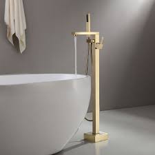 Dree Modern Brushed Gold Freestanding Tub Filler Floor Mount Bathtub Faucet With Hand Shower Solid Brass Single Handle In 2020 With Images Bathtub Faucet Freestanding Bathtub Faucet Freestanding Tub Faucet