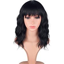 Natural hairstyles for black women. Amazon Com Shoulder Length Curly Wavy Synthetic Hair Wigs With Bangs For Black Women 14 Inches Natural Black Beauty