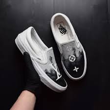 Black And White Custom Vans Slip Ons Introducing Our Hand Painted Black Smoke Louis Vuitton Slip On Vans Custom Sneaker The All White Sli Vans Slip On Vans Classic Slip On Sneaker Custom Sneakers