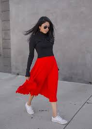 Black And White Pleated Midi Skirt Black Turtleneck Sweater Red Pleated Midi Skirt White Sneakers Red Skirt Outfits Red Pleated Skirt Outfit Dressy Fashion