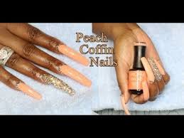 Coffin shaped nails (also known as ballerina nails) feature long length and squared tips. How To Double Tip Acrylic Nails Peach Coffin Acrylic Nails With Bling Youtube