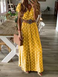 En hiver ou en été, c'est la pièce de votre dressing qui vous assure élégance et féminité. Robe Longue Pois Col En V Manches Courtes Mode Jaune Robe Longue Robes