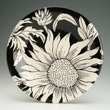 Black And White Floral Dinnerware Dinner Plate 10 Sunflower Hand Painted Round Coupe Dinnerware Black And White Pottery Painting Ceramic Painting Porcelain Painting