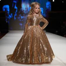 Gold Long Sleeve Girl Christmas Birthday Party Gown Kids Evening Prom Dress Flower Girl Dress Princess Firs Girls Pageant Dresses Kids Gown Girls Pageant Gowns