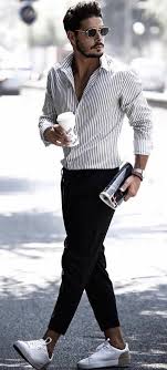 Black And White Button Up Shirt Outfit Simple Summer Outfit With A Gray Striped Button Up Shirt With Rolled Up Sleeves Silver Aviator Sungla Elegant Casual Men Mens Fashion Jeans Mens Summer Outfits