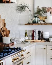 Kitchen Brass Accents Wooden Spoons Floating Shelf Open Storage Interior Design Interior Home Kitchens Kitchen Inspirations Interior Design Kitchen