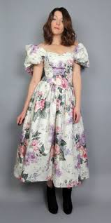 Vintage 80s Off The Shoulder Puff Sleeve Floral Garden Party Dress Midi Length 1980s Romantic Summer Midi Dress Party Midi Length Dress Garden Party Dress