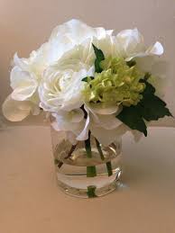 Faux Flower Arrangements In Acrylic Water Hydrangea Viburnum Renunculous Silk Flower Arrange Faux Flower Arrangements Faux Flowers Silk Flower Arrangements